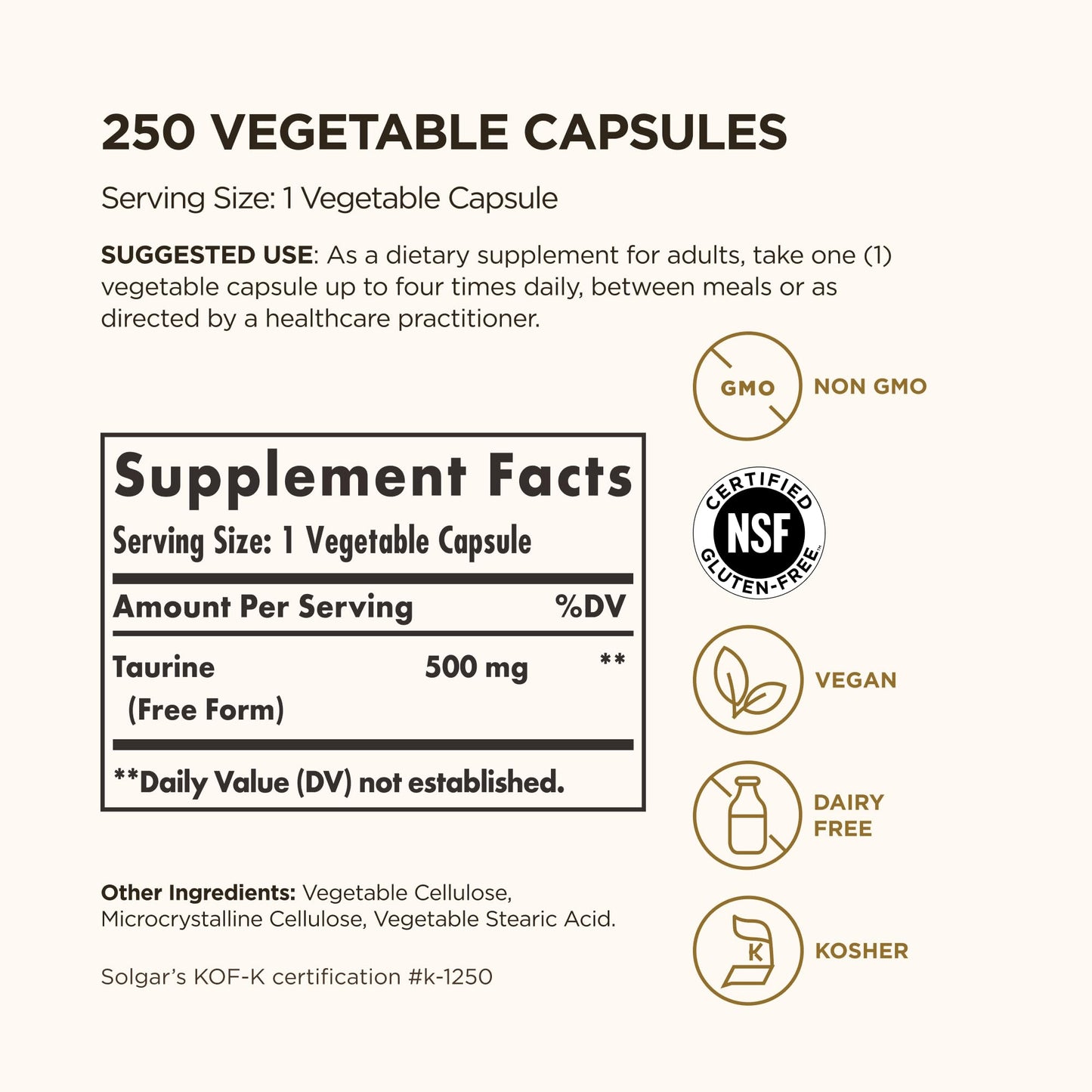 Solgar Taurine 500 mg Capsules, 250 Count