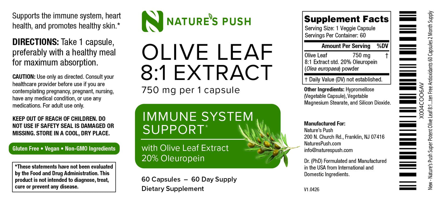 Nature's Push Super Potent 750mg Capsule with Olive Leaf 8:1 Extract 20% Oleuropein for Immune System, Skin, and Heart Health Support, Vegan, Non-GMO, USA cGMP Gluten Free, 60 Capsules