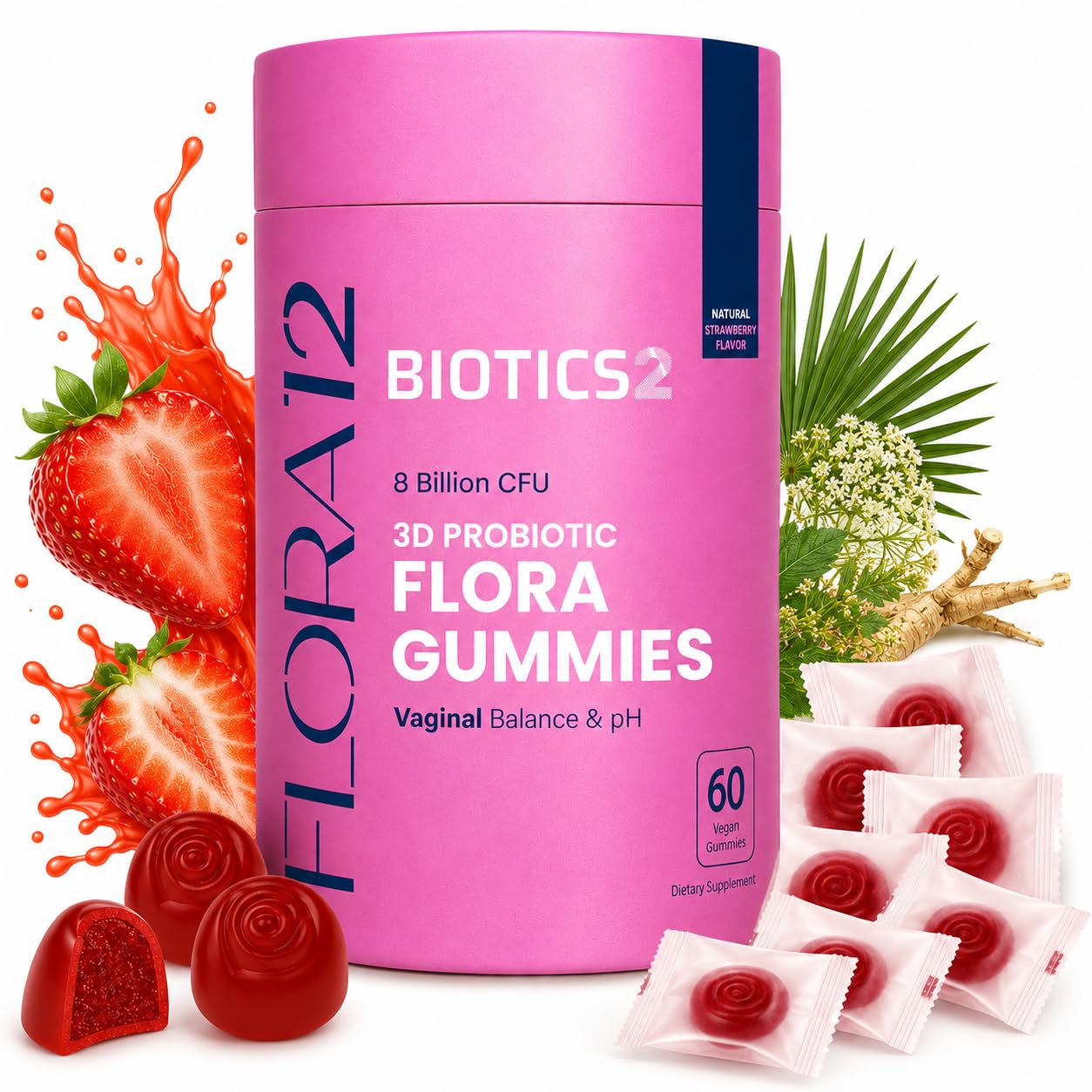 Biotics2 Flora Vaginal Probiotics for Women pH Balance Gummies with Prebiotics, 60 Count