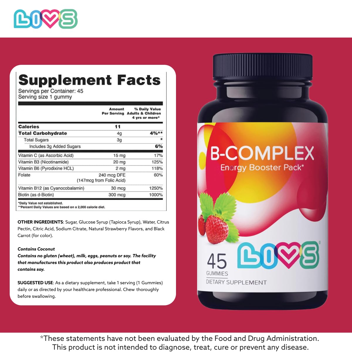 LIVS Vitamin B Complex Gummies with B12, Biotin, B3, B6 & Vitamin C for Kids & Adults, 90 Ct