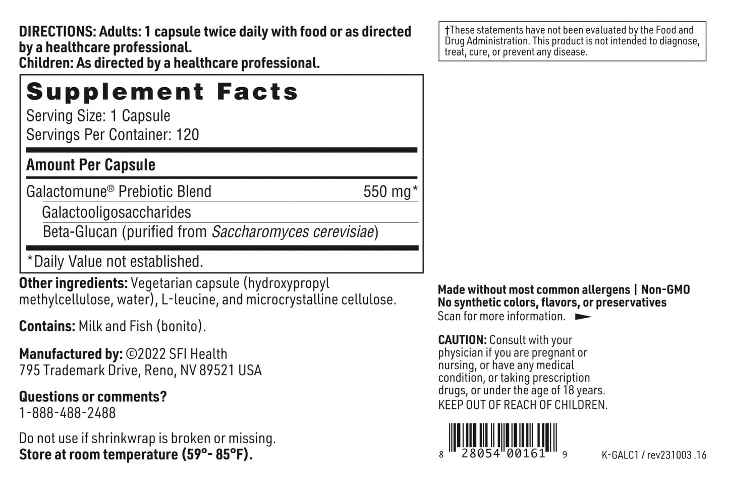 SFI Health Galactomune Prebiotic Blend with Beta-Glucan & Galactooligosaccharides for Immune Support, Soy & Gluten-Free, 120 Capsules