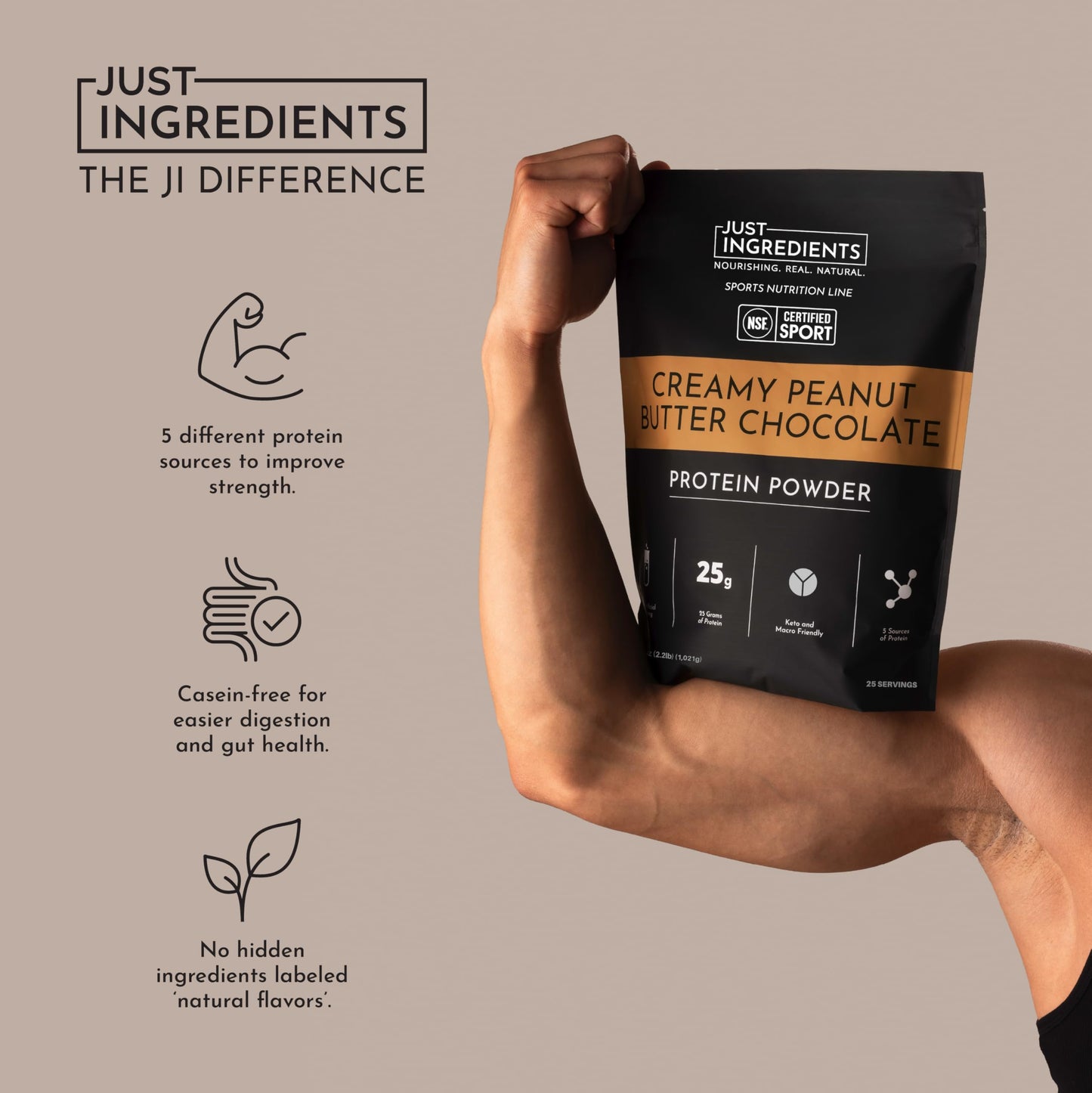 JUST INGREDIENTS Creamy Peanut Butter Chocolate Protein Powder, 25 Servings