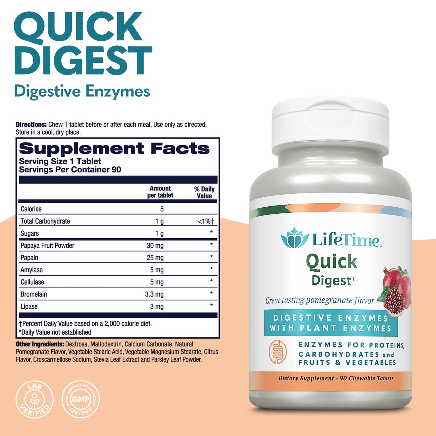 LIFETIME Quick Digest Digestive Enzymes Chewable 90 Count