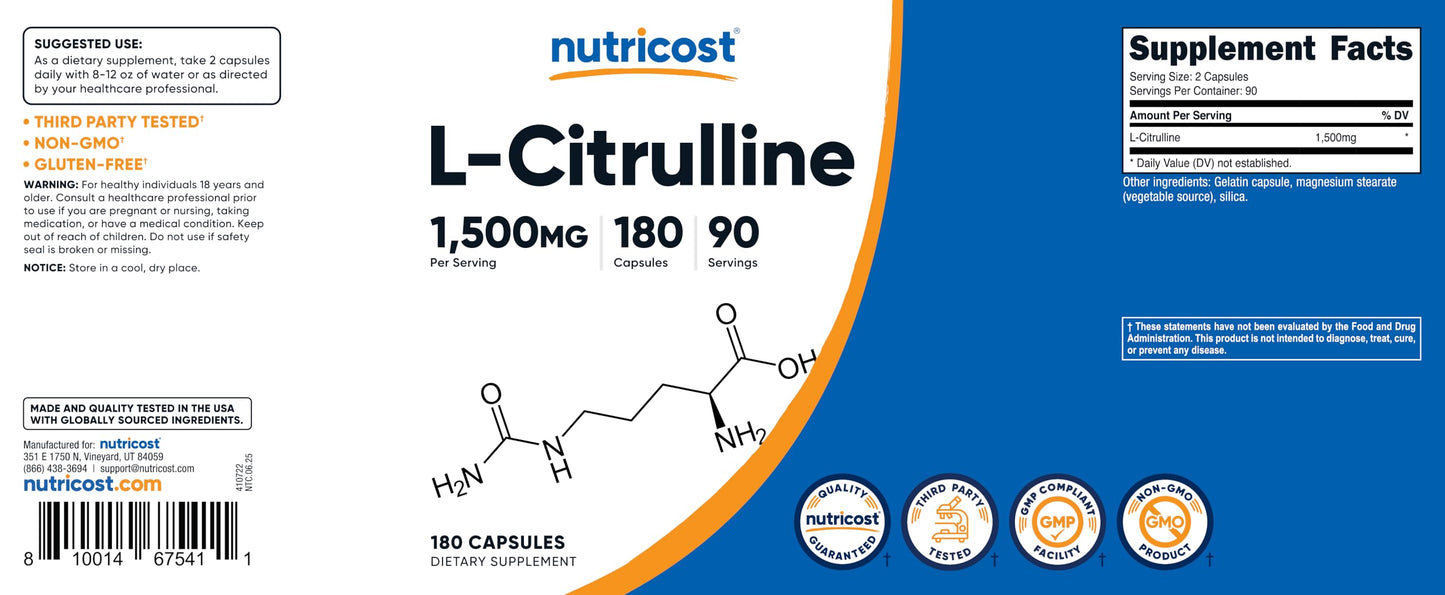 Nutricost L-Citrulline 1500mg, 180 Capsules