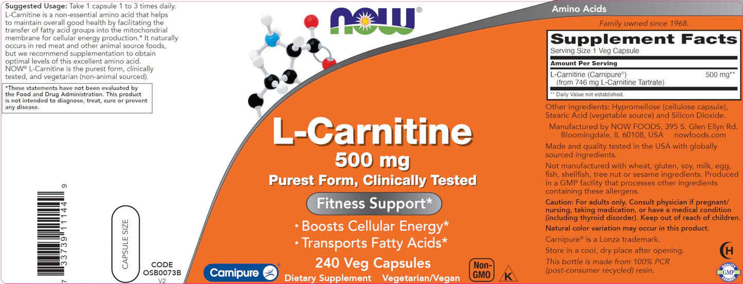 NOW Foods L-Carnitine 500 mg Capsule, 240 Count