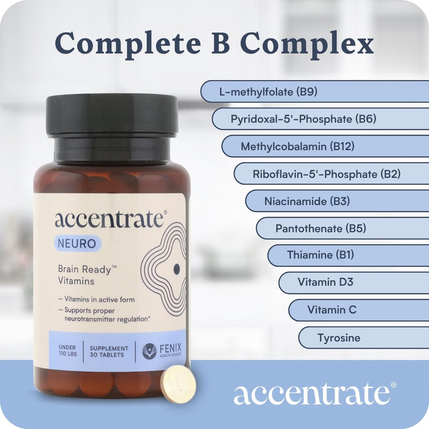 Accentrate Brain Supplement for Focus, Attention, Mood Vitamin B Complex Tablet, 30 Count