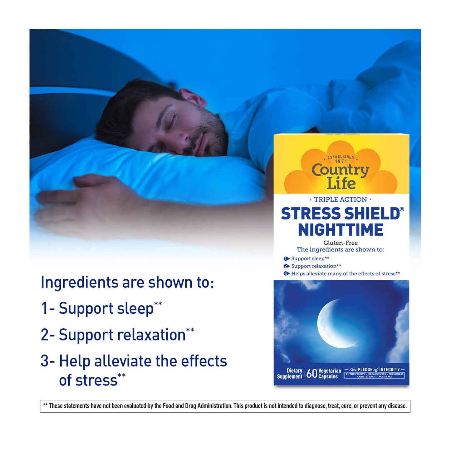 Country Life Stress Shield Nighttime Stress & Relaxation Support Supplement Sensoril Ashwagandha, GABA & L-Theanine Magnesium & Vitamin B5 Gluten Free, Vegan Capsules 60