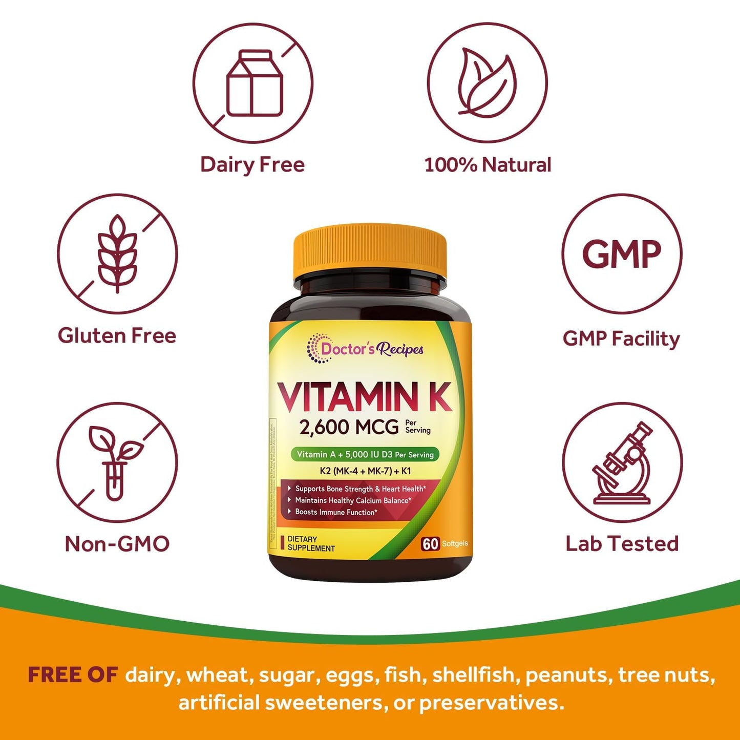 Doctor's Recipes Vitamin K with Vitamin A & D3, K1 + K2 (MK-7 & MK-4) Softgels 60