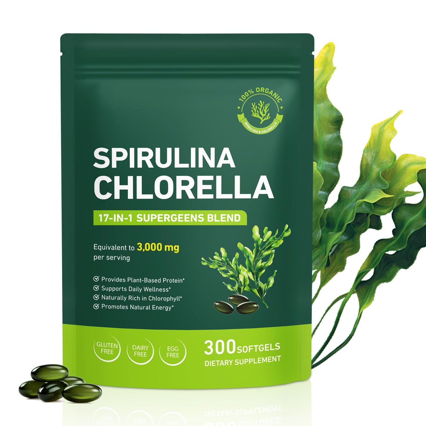 bnHUlMXw Organic Spirulina Chlorella Softgels, 300 Count