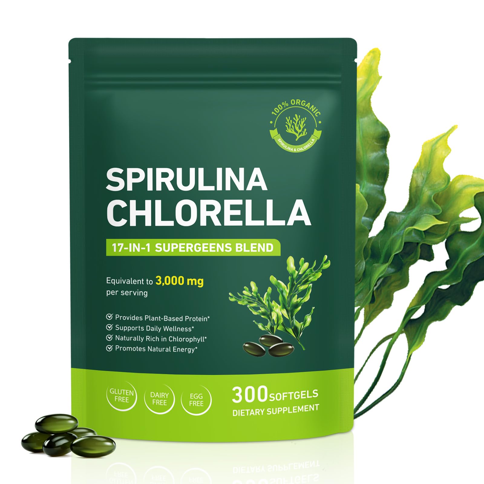 bnHUlMXw Organic Spirulina Chlorella Softgels, 300 Count