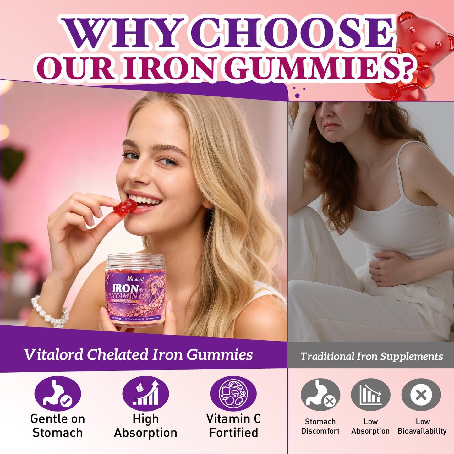 Vitalord Iron Bisglycinate Gummies 60 Count
