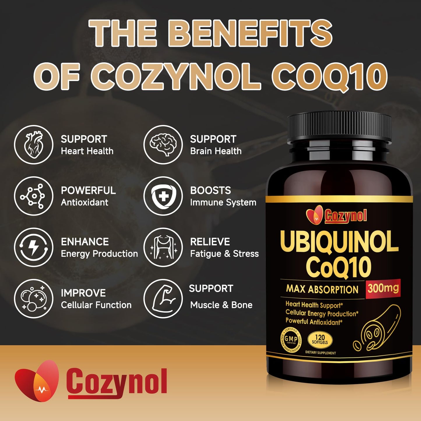 Cozynol Ubiquinol CoQ10 300mg Softgels, with Vitamin E & Omega 3, 120 Servings