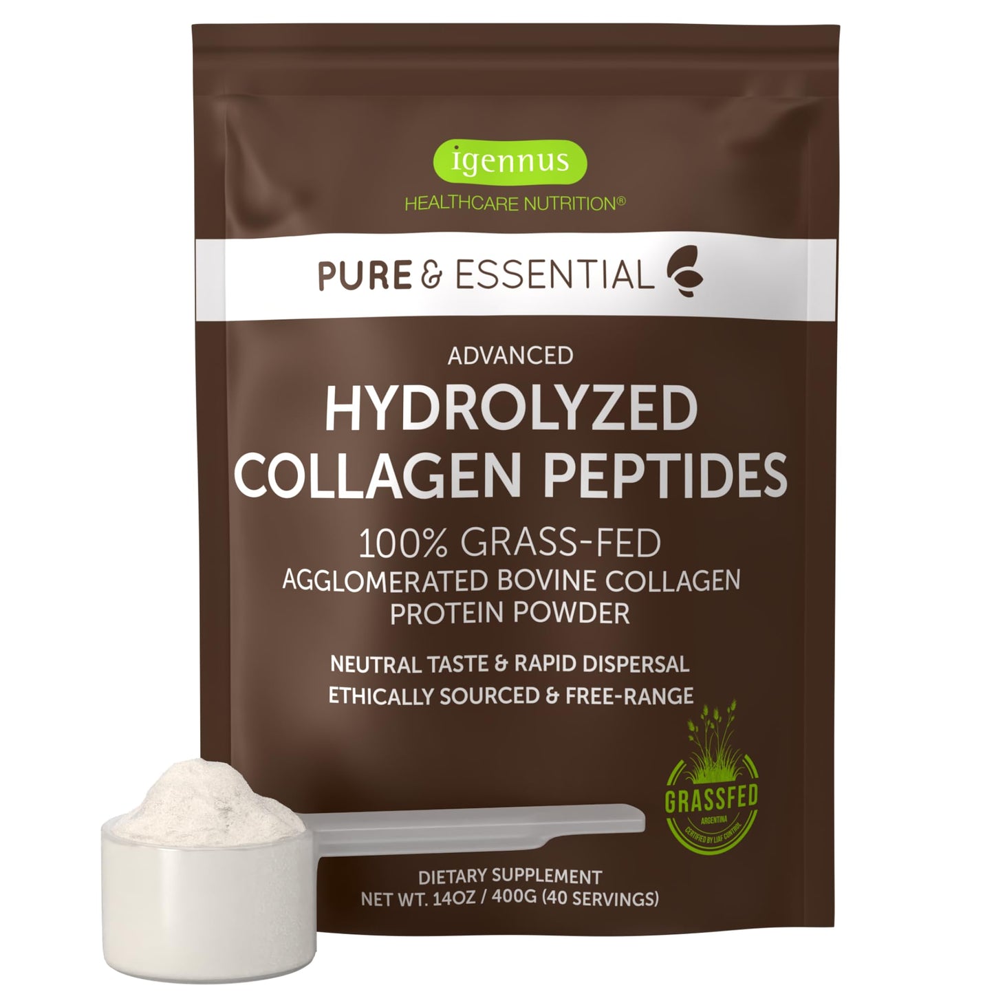 Igennus Healthcare Nutrition Free Range Grass Fed Hydrolyzed Bovine Collagen Peptides Powder 14.1 Ounce