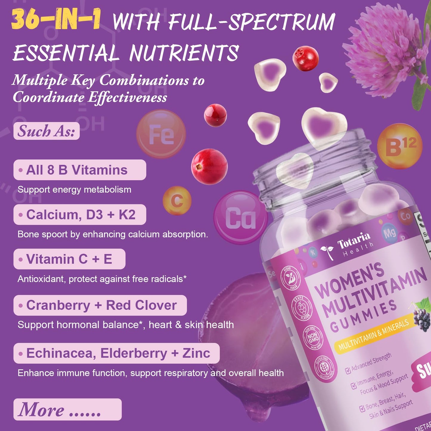 Totaria Sugar Free Multivitamin Gummies for Women 14+ with Iron, Inositol, Folate, Biotin, Vitamins A, C, B, D3, K2 – Grape Flavor, 60 Gummies