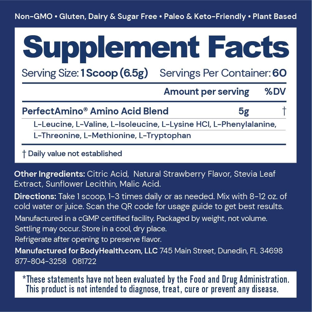 BodyHealth PerfectAmino Powder BCAA and EAA Powder for Pre and Post Workout Amino Acid Energy Drink for Lean Muscle and Recovery, Strawberry, 60 Servings (14 oz)