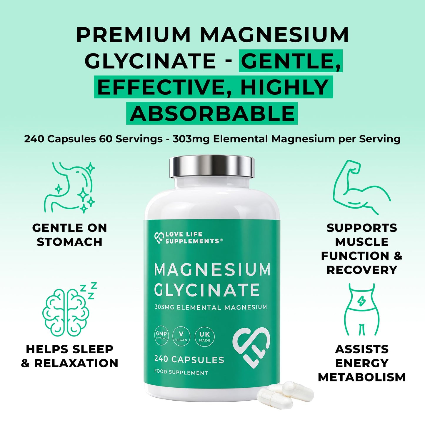 Love Life Supplements Pure Magnesium Glycinate (Bisglycinate) Capsules 240