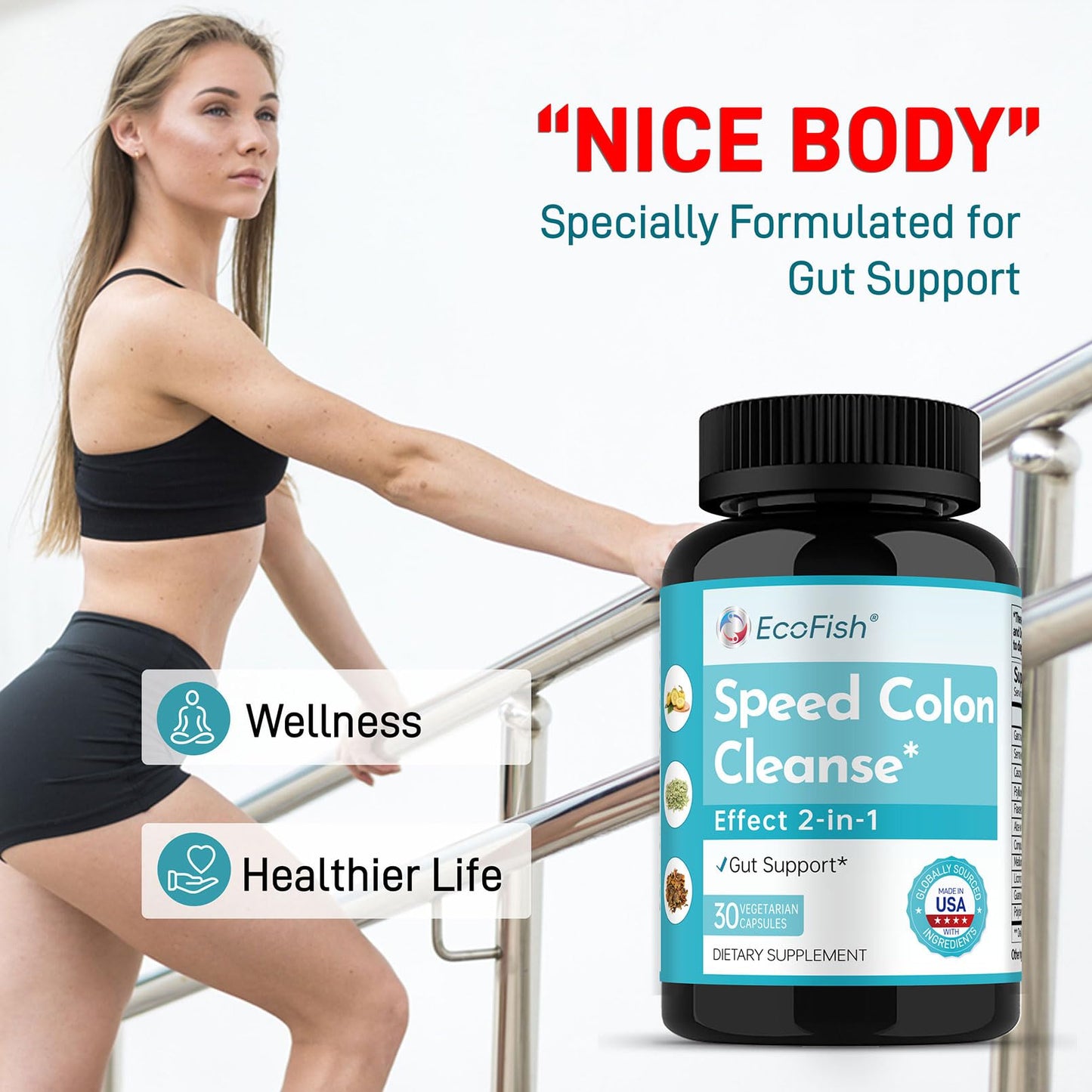 ECOFISH Natural Colon Cleanse 15 Days 2-in-1 Gut Support for Men & Women, 30 Capsules