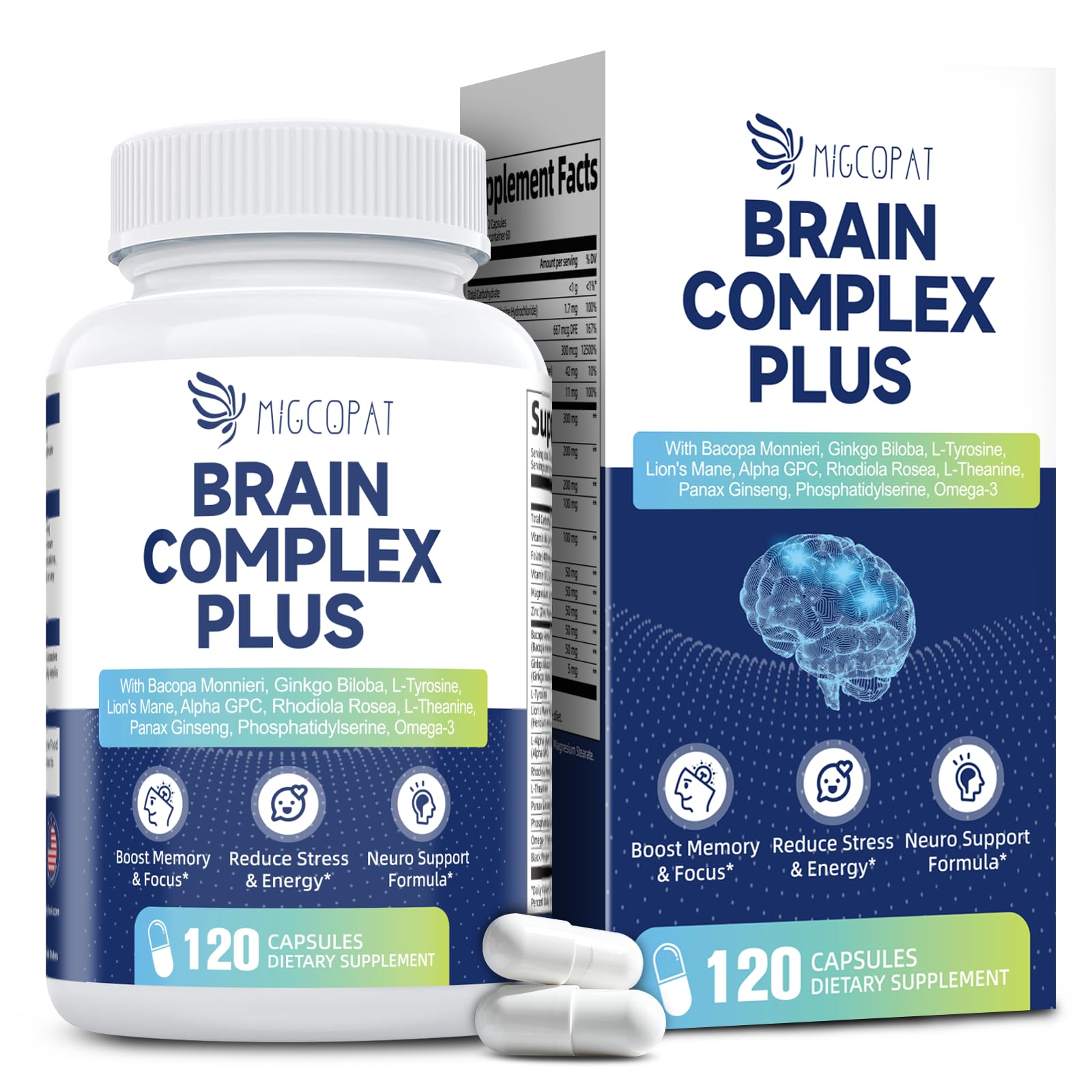 Migcopat Brain Supplements for Memory & Focus Nootropic with Bacopa Monnieri, Lion's Mane, Alpha GPC, Phosphatidylserine, Vitamin B6 & B12 - 120 Capsules