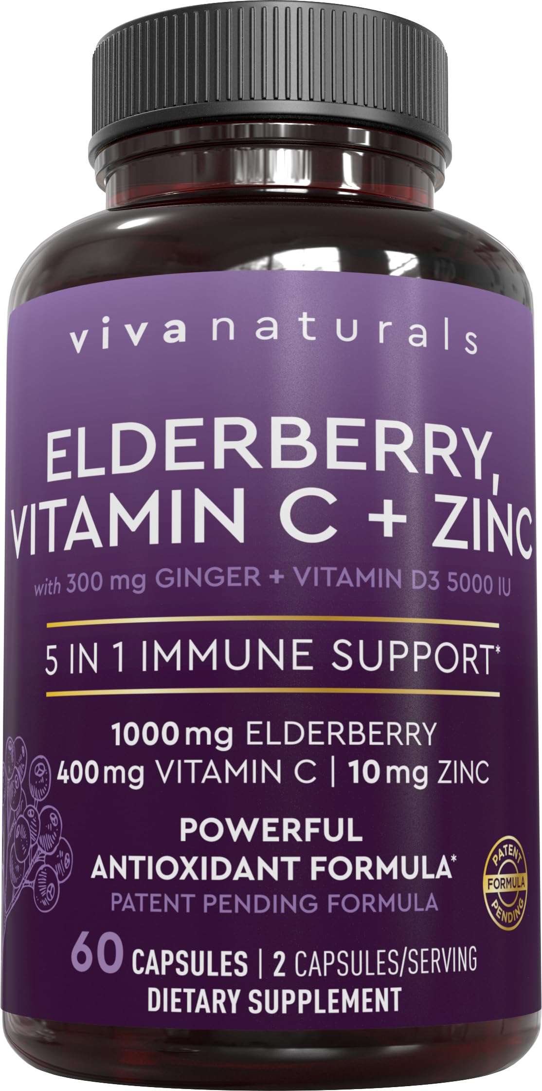 Viva Naturals Black Elderberry 1000mg with Vitamin C, D3 5000 IU & Zinc - 5-in-1 Immune Support Capsules, 60 Count