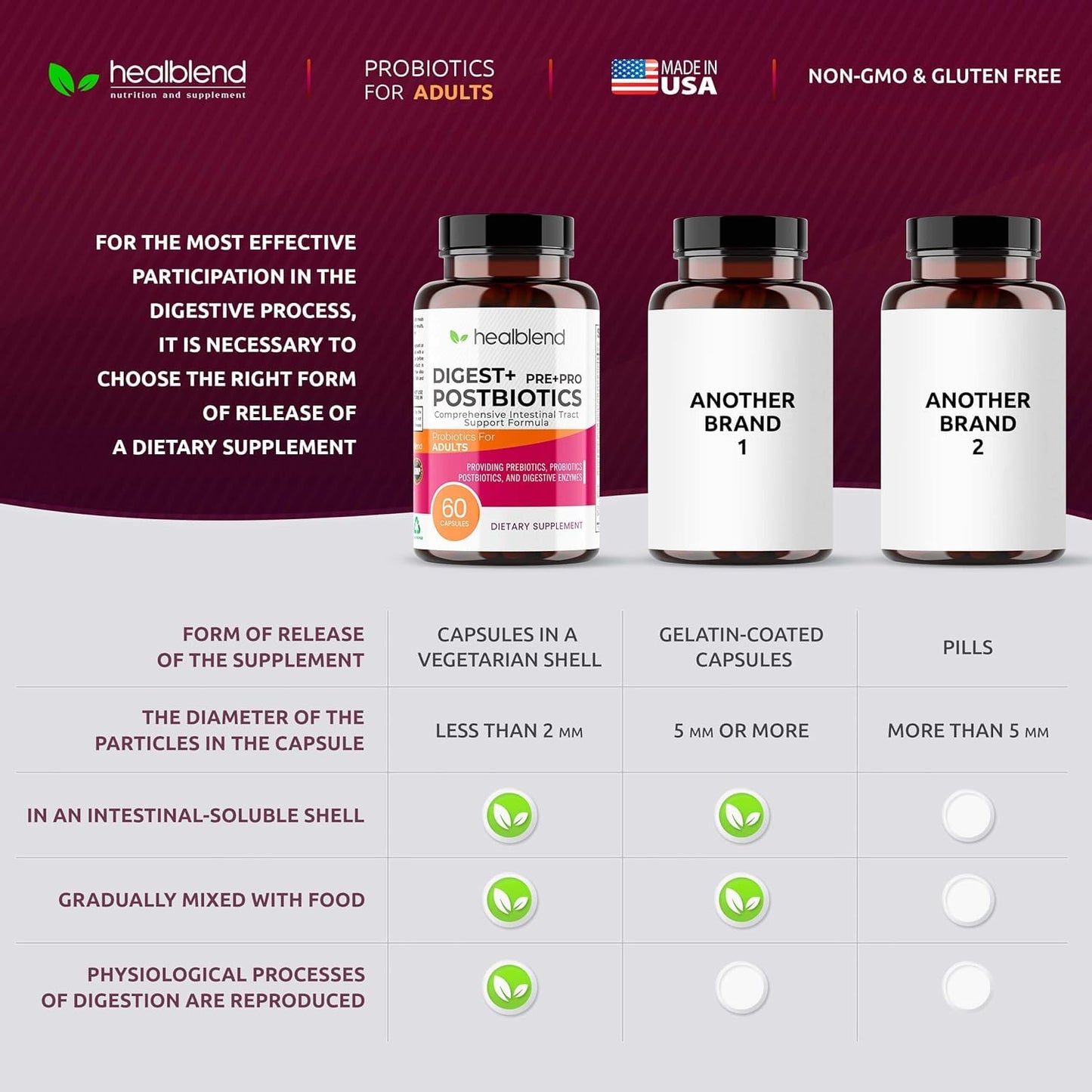 Healblend Digest + Postbiotics Supplement for Women and Men, Multi Enzymes, Organic Prebiotic & Probiotic for Digestive Health with Bromeline, Papin and Lipase, 60 Capsules