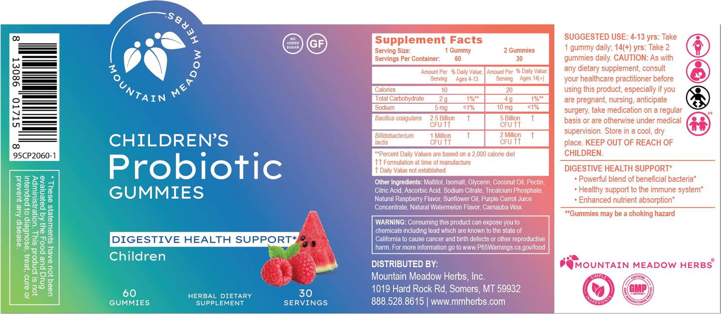 Mountain Meadow Herbs Children's Probiotic Gummies for Kids Digestive Regularity Support Immune System + Microbiome Health for Kids Ages 3+ No Added Sugar, 60 Gummies
