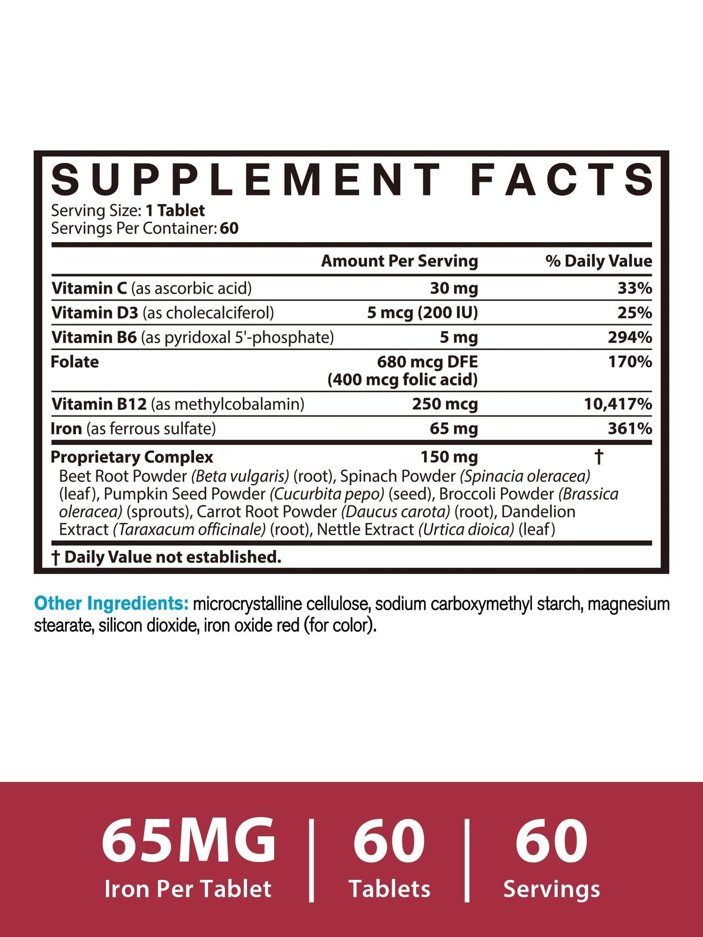 Vitacook Iron Supplement 65mg Blood Building & Energy Support, 60 Tablets