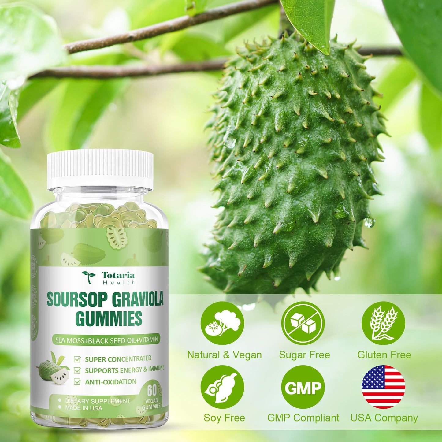 Totaria Sugar Free Soursop Oil Graviola Sea Moss Gummies, 60 Count