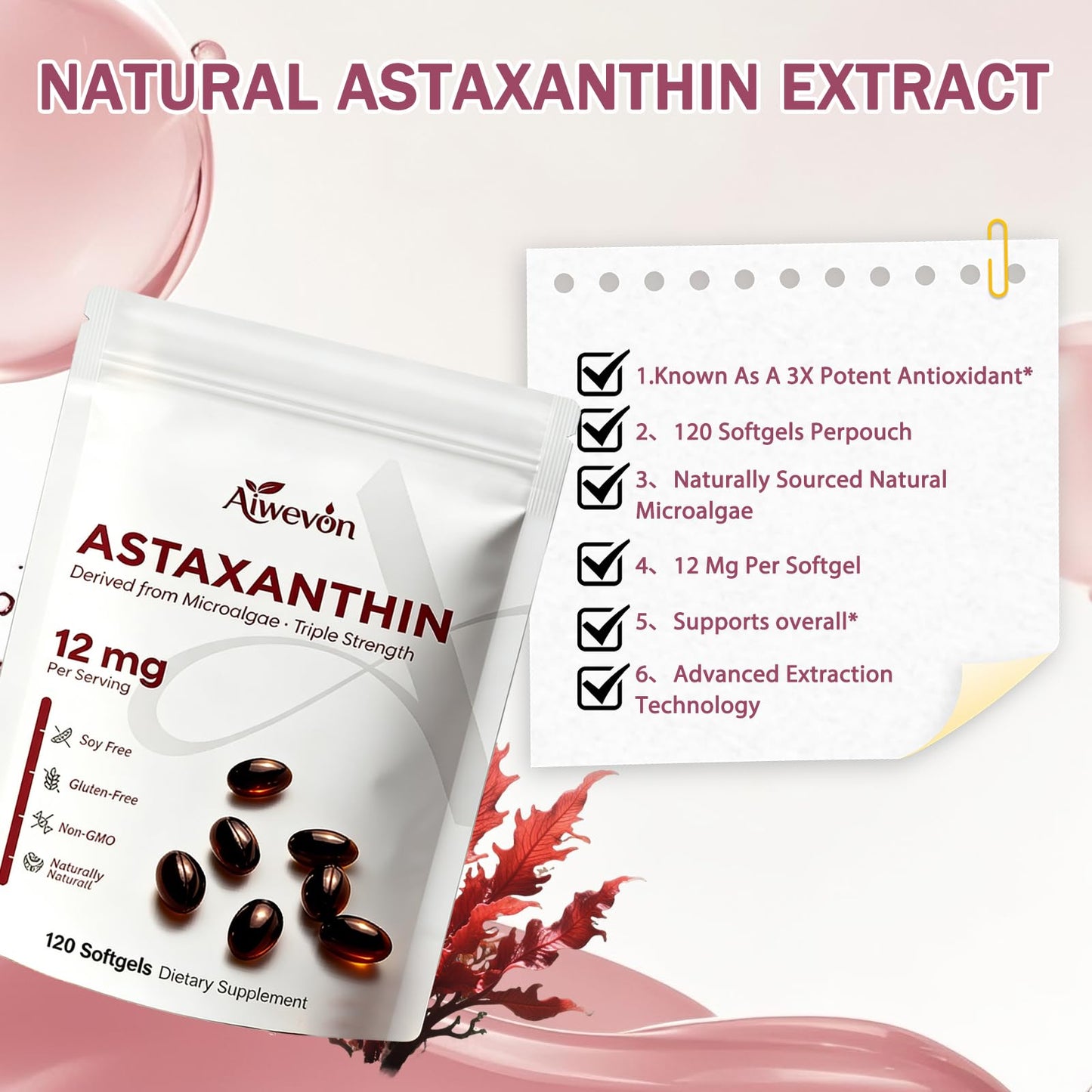 Aiwevon Astaxanthin Supplement 12mg Capsule, 120 Count