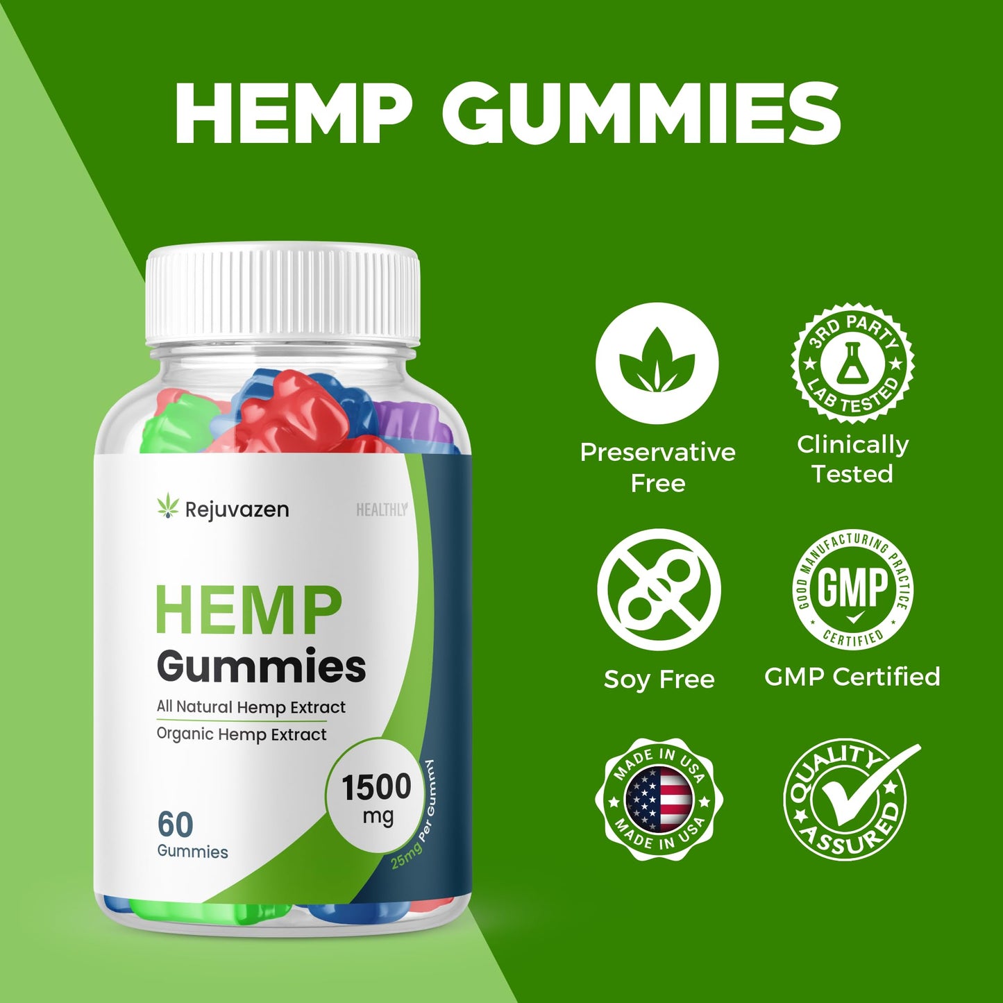 Purvia Rejuvazen Gummies Official Formula Hemp Gummies Blood Pressure Sugar Formula 25mg Per Gummy 1500mg, 180 Gummies