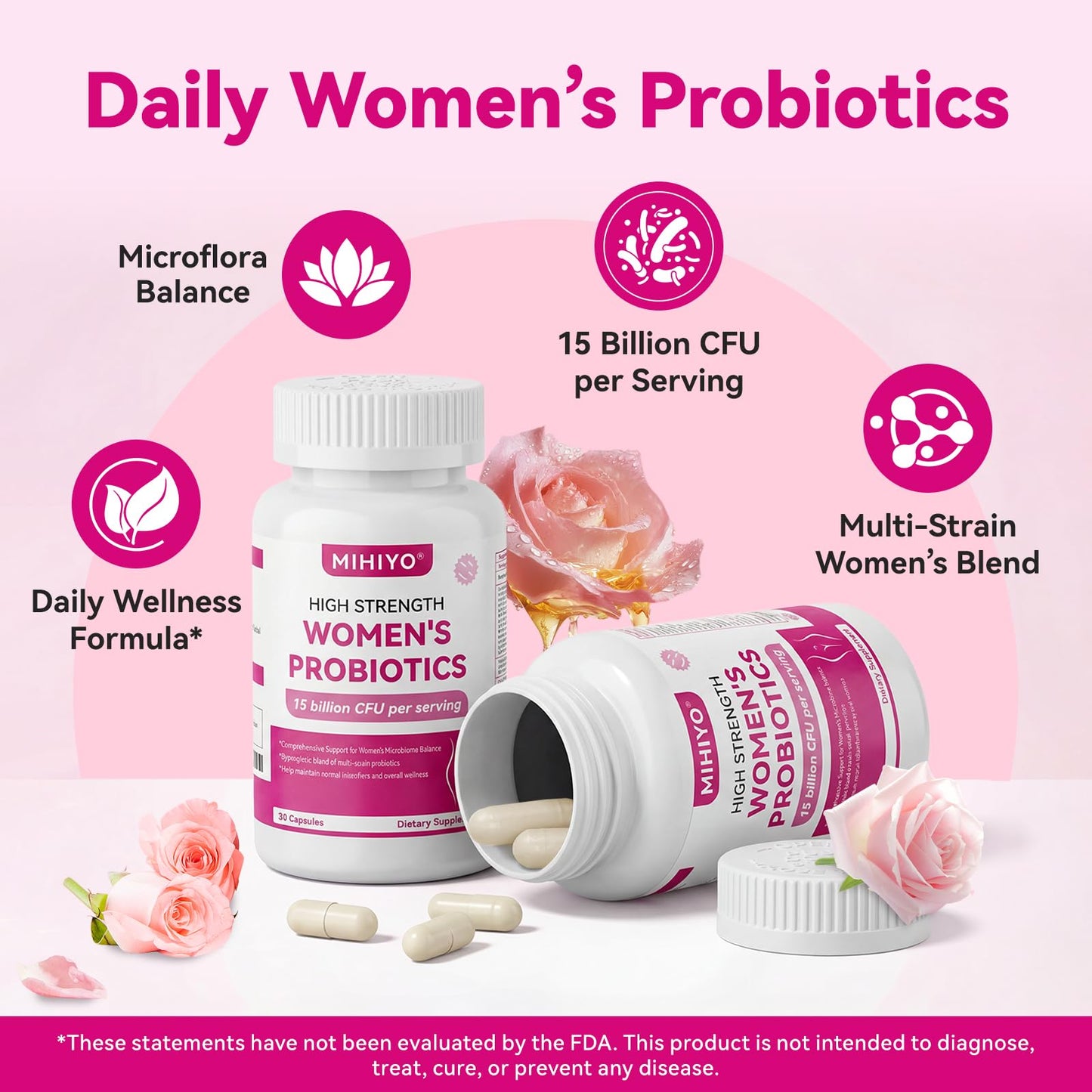 MIHIYO Women's Probiotics 15 Billion CFU - 14 Strains for Vaginal, Urinary & Digestive Health Support - 30 Capsules