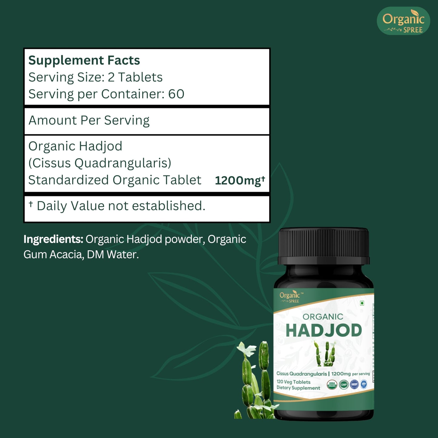 Organic Spree Hadjod Cissus Quadrangularis Tablets, 120 Count