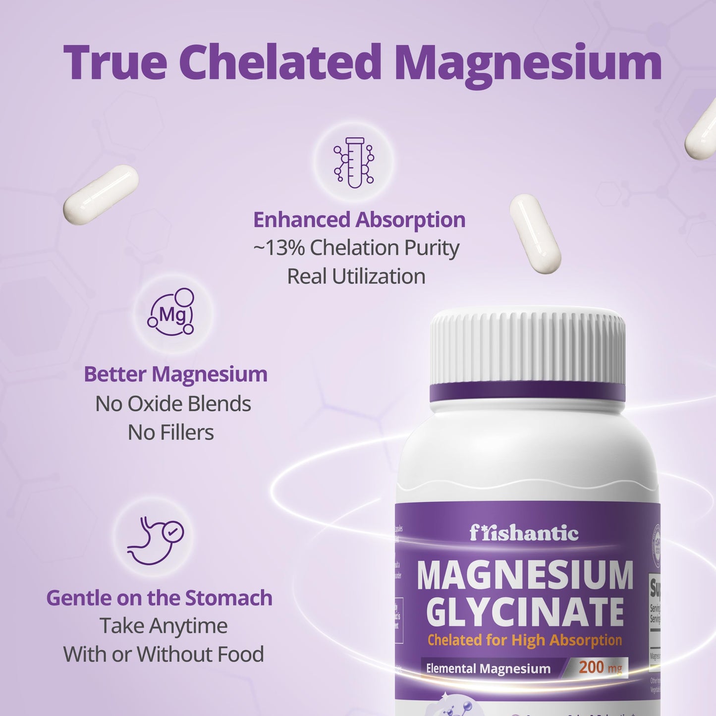 Frishantic Magnesium Glycinate 200mg Supplement Capsules 120 Count