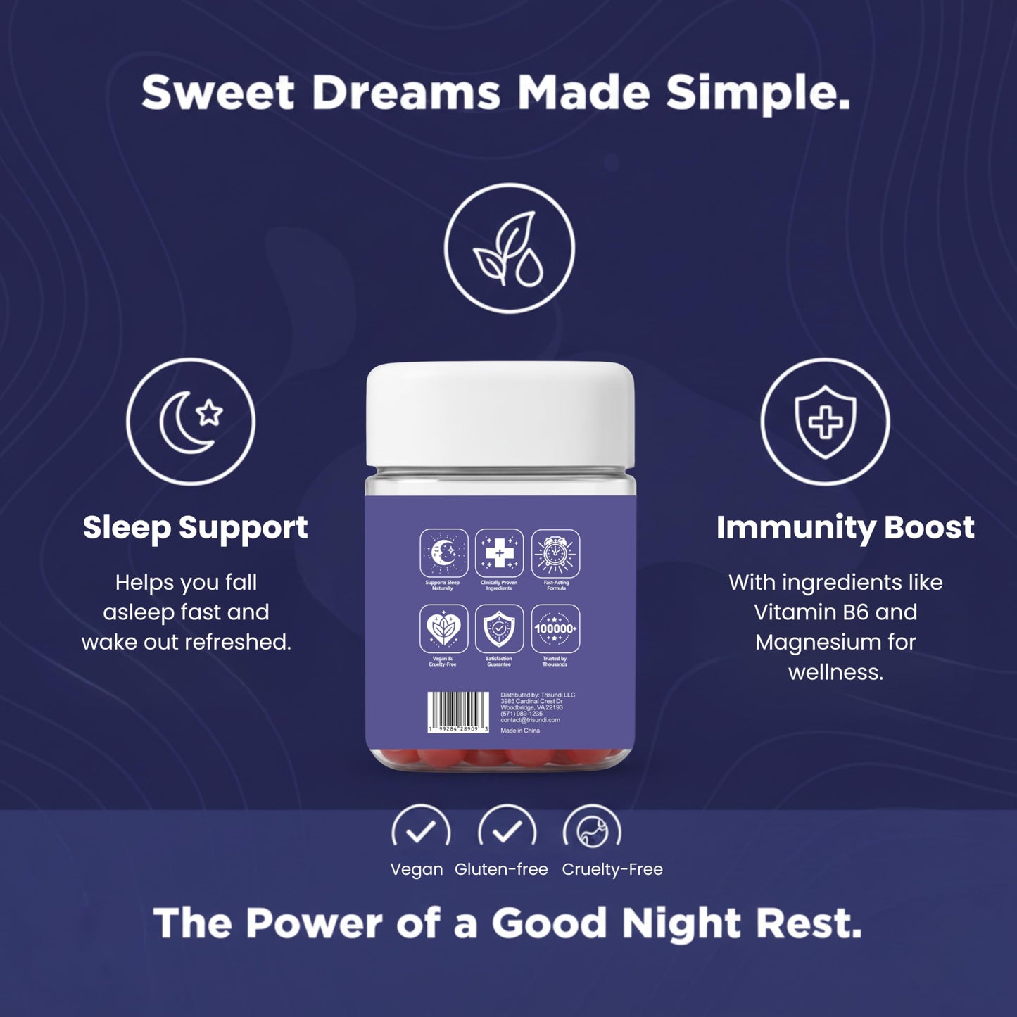 Trisundi Sleep Gummies Deep Relax 5-HTP Gummies – Melatonin, L-Theanine & Magnesium – Vegan Fruit-Pectin Formula – Gluten & Soy Free, 60 Gummies