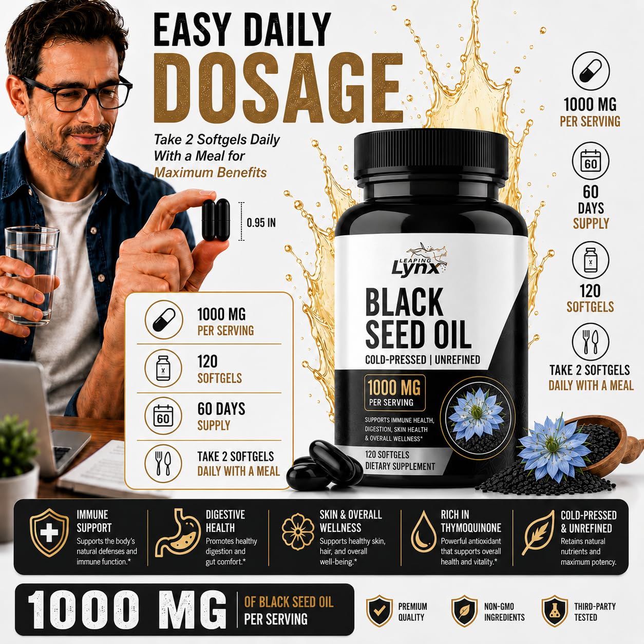 Leaping Lynx Black Seed Oil 1000mg Capsules 120 Count