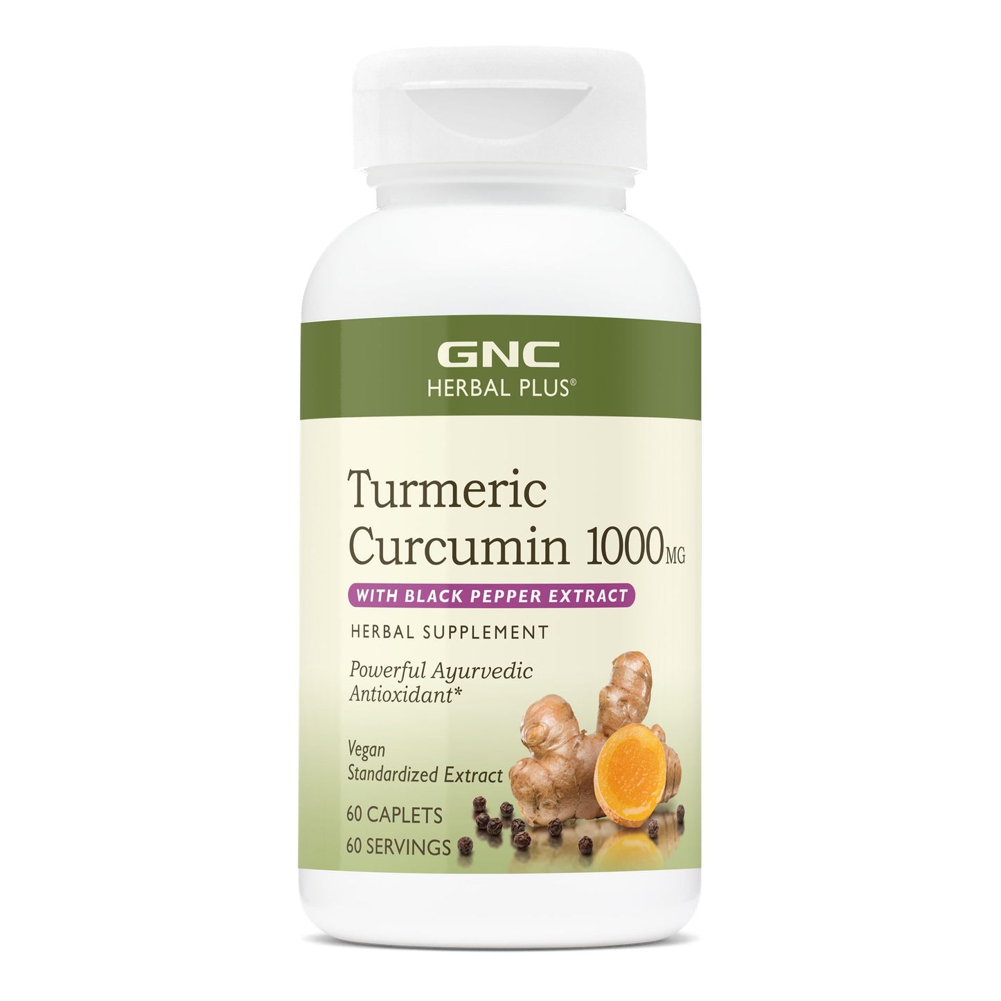 GNC Herbal Plus Turmeric Curcumin 1000mg + Piperine Caplets, 60 Count