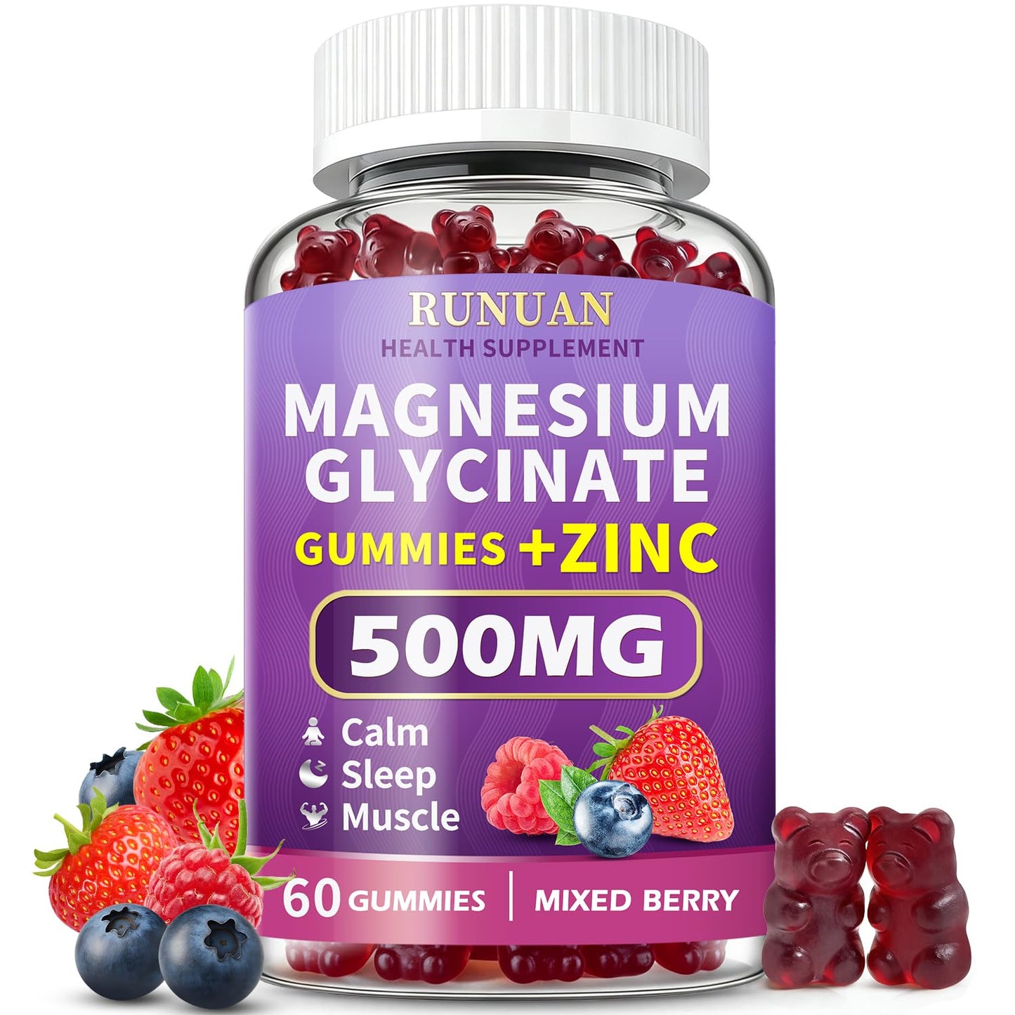 RUNUAN Magnesium Glycinate Gummies 500mg with Zinc, Vegan, 60 Count