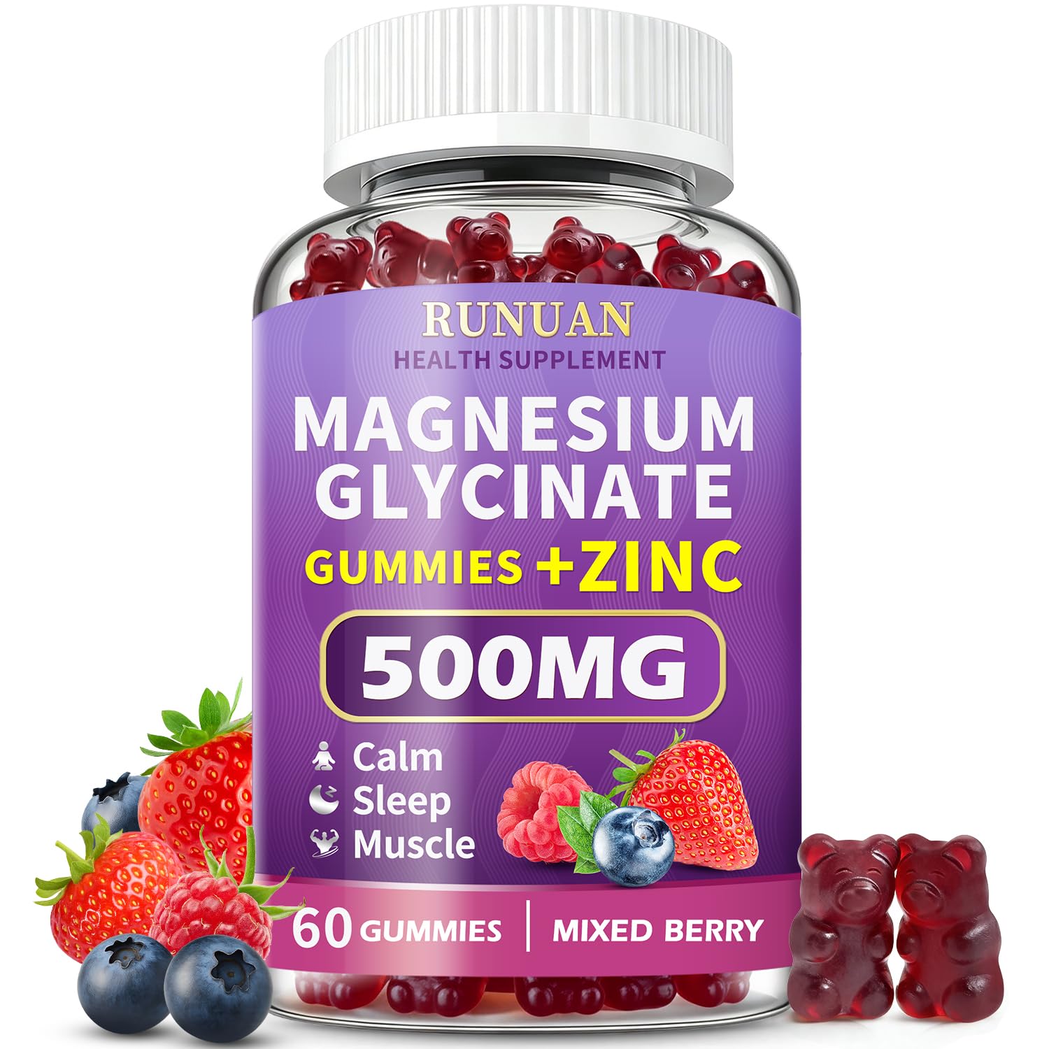 RUNUAN Magnesium Glycinate Gummies 500mg with Zinc, Vegan, 60 Count