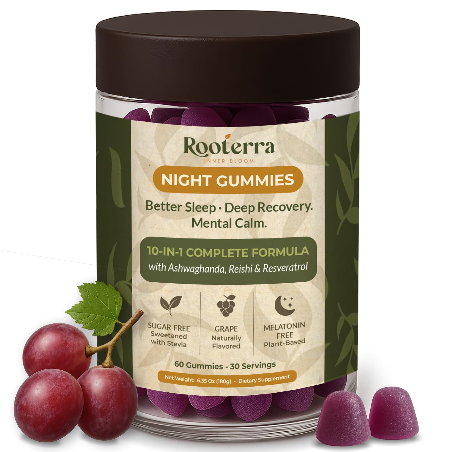 Rooterra Inner Bloom Night Gummies Valerian, Ashwagandha & Magnesium Sleep & Relaxation 60 Gummies