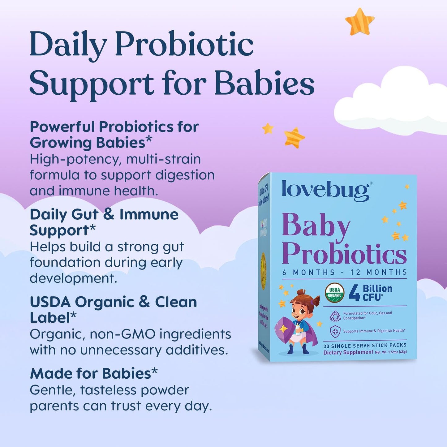 LOVEBUG Award Winning USDA Organic Probiotic for Babies Multi-Strain 4 Billion CFU Powder, 30 Packets