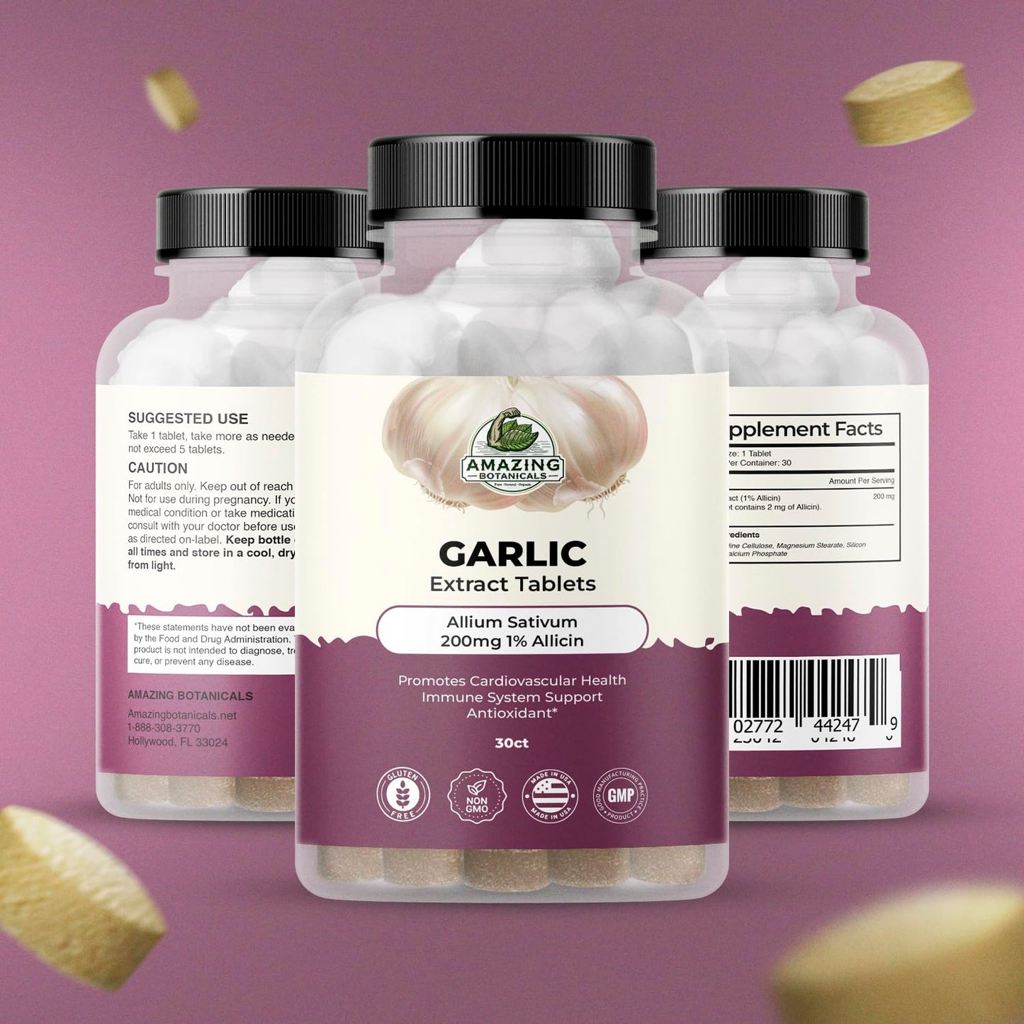 Amazing Botanicals Garlic Extract Tablets 200mg Allium Sativum 1% Allicin - High Potency Herbal Supplement, 30 Count