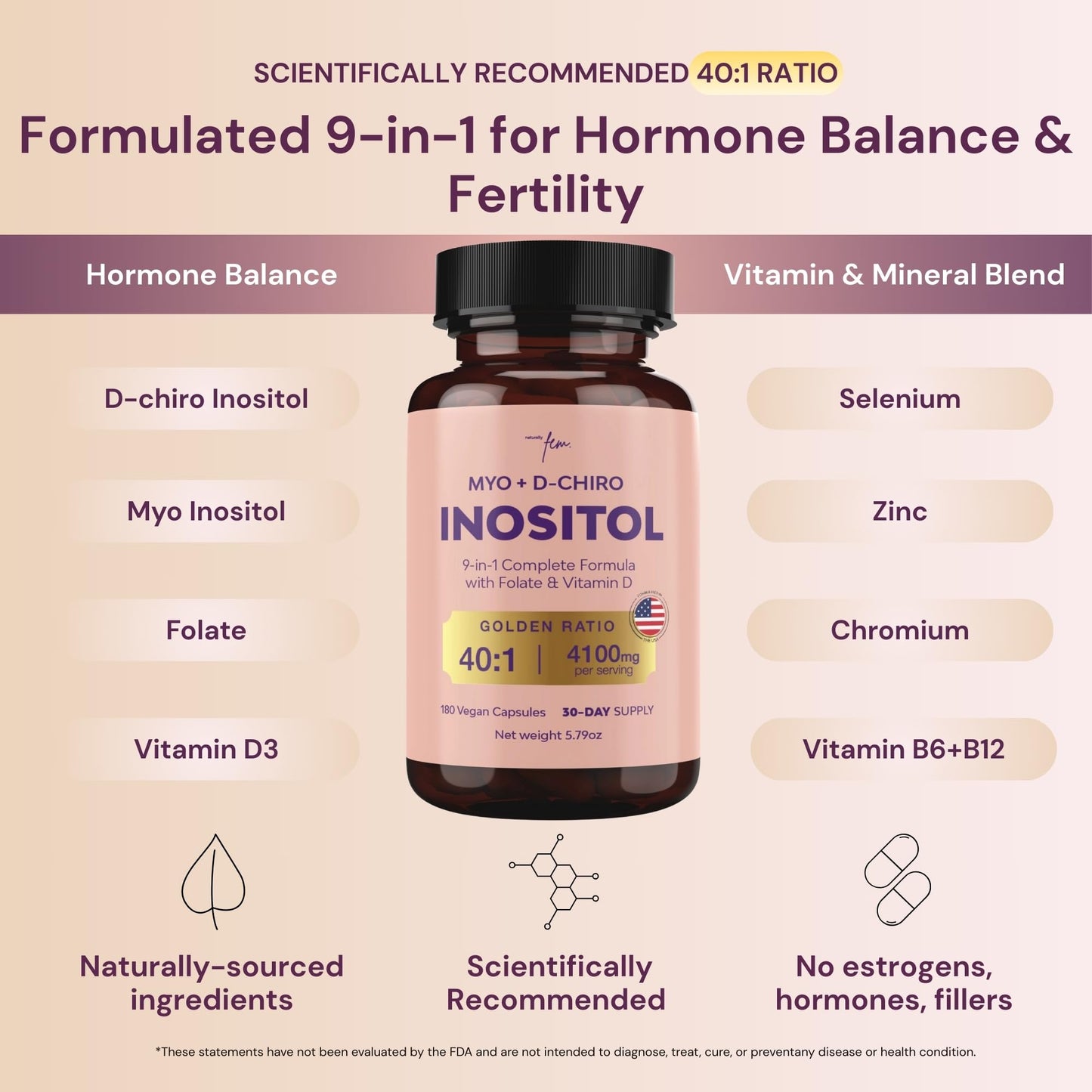 QSTA Myo-Inositol & D-Chiro Inositol Capsule for Women 4100mg (40:1 Ratio) - 9-in-1 Hormonal & Metabolic Support with Folate, Vitamin B6, B12, D3, Zinc & Chromium, 180 Count