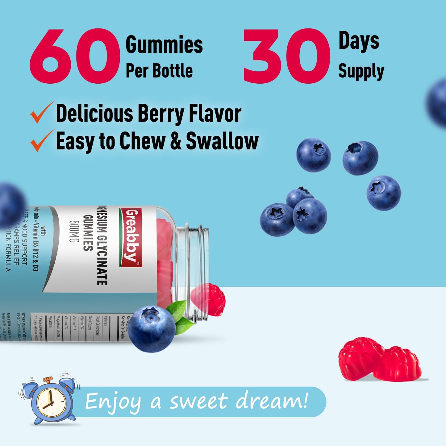 GREABBY Magnesium Glycinate Gummies 500mg for Adults Sleep, 60 Count