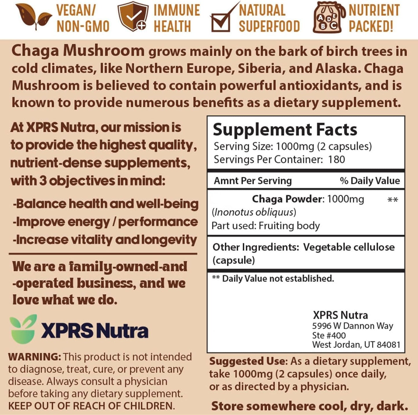 XPRS Nutra Chaga Mushroom Capsules, 360 Count