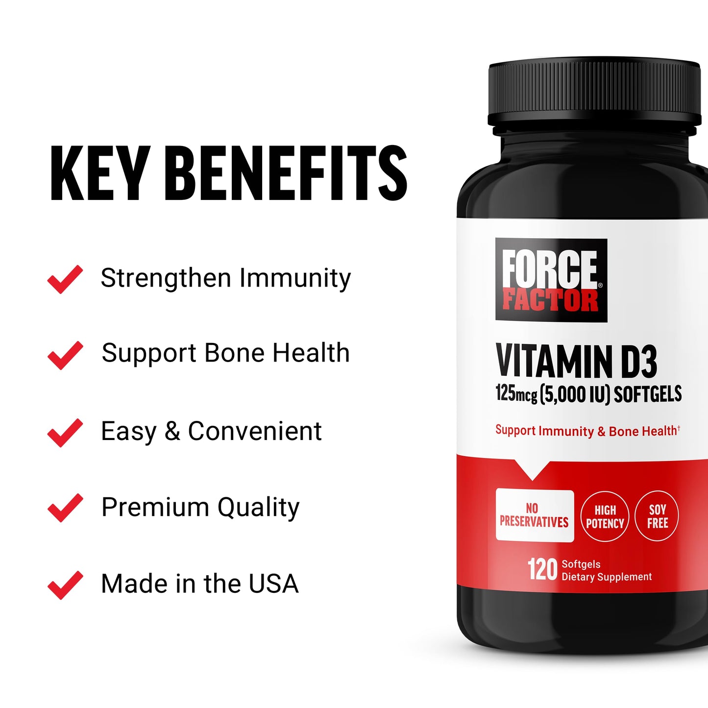 Force Factor Vitamin D3 5000 IU Softgels 120 Count