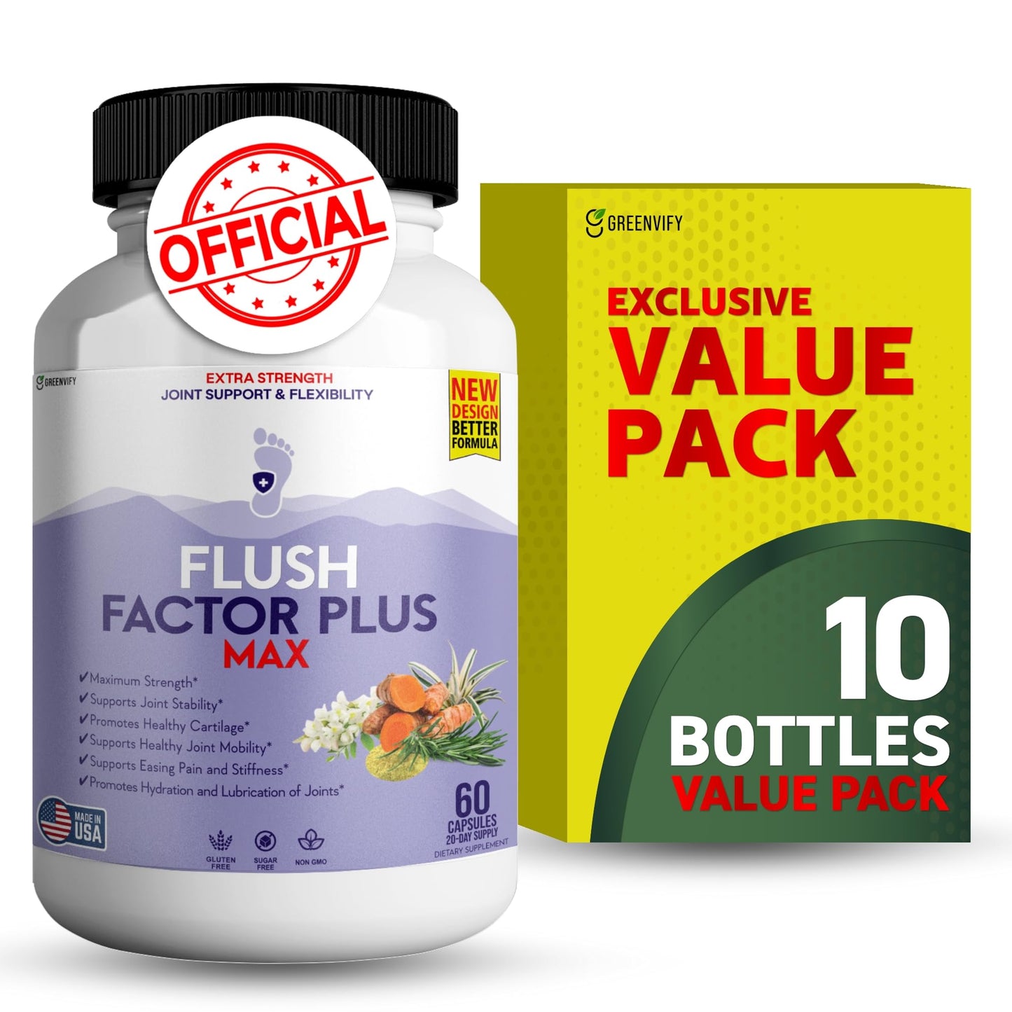GREENVIFY Flush Factor Plus Max Natural Essences Natural Joint Support Supplement, 600 Capsules