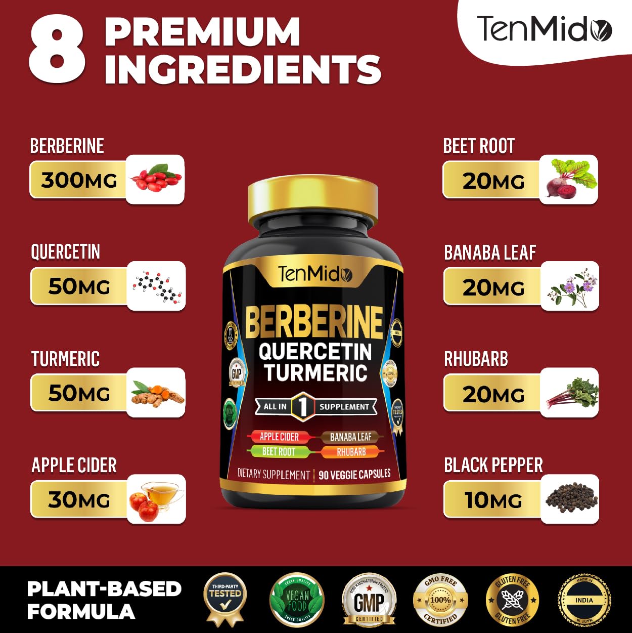 Tenmido Berberine Supplement Capsules, 90 Count