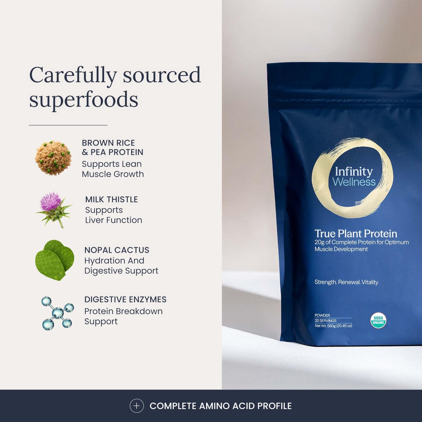 Infinity Greens Organic Plant Based Protein Powder, Hemp & Brown Rice Protein with Enzymes & Prickly Pear Nopal Cactus, Vegan, Sugar Free, Soy Free, Whey Free, Non-GMO (20.4589)