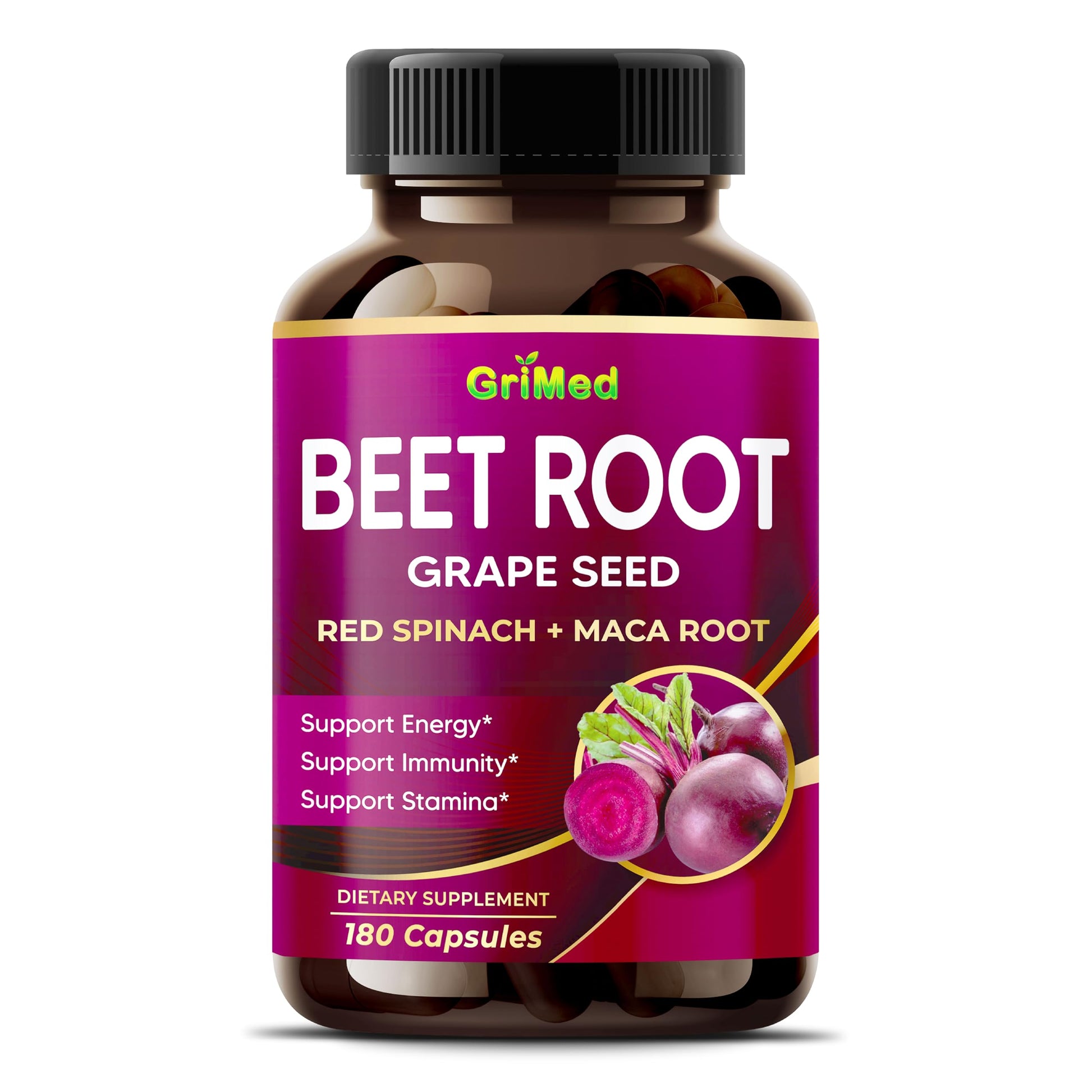 GriMed Beet Root with Grape Seed Extract, Maca Root, Red Spinach & Ashwagandha Capsules - 180 Count
