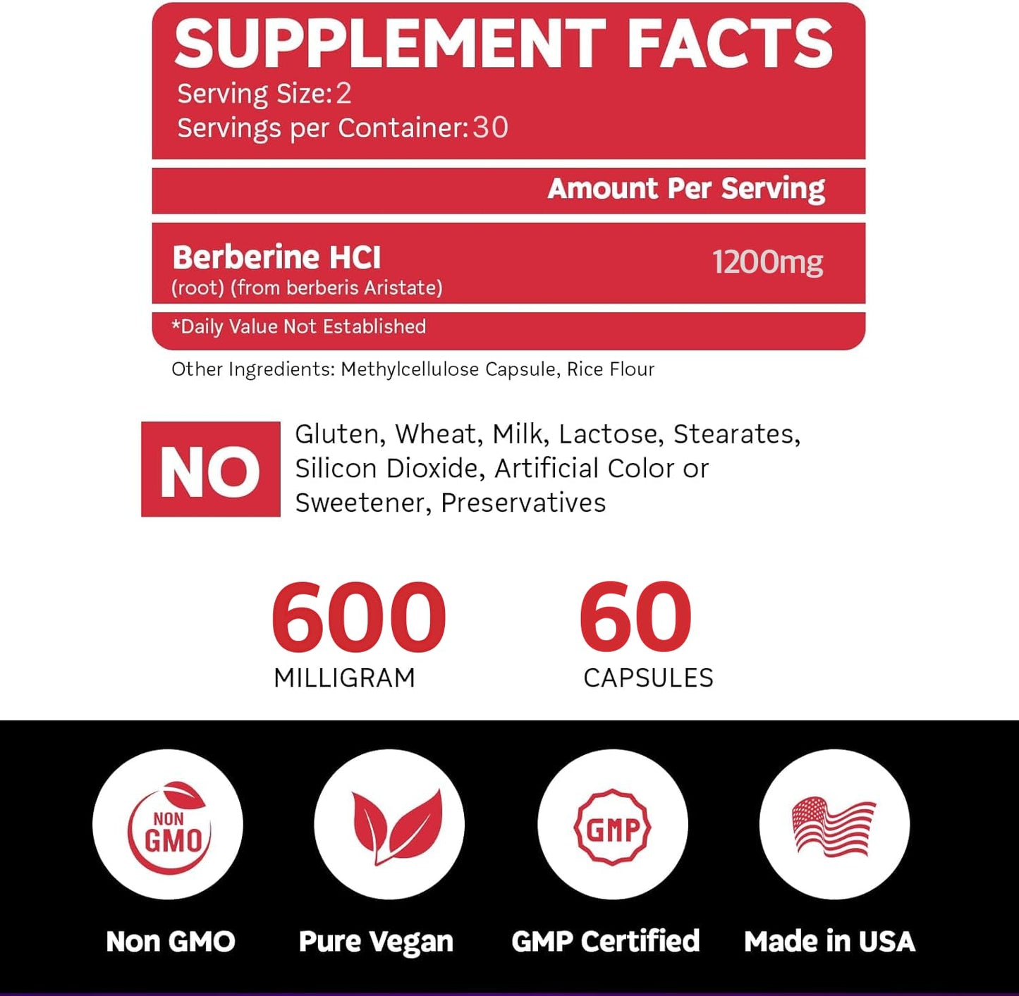 BoostCeuticals Berberine Supplement 1200mg (2 x 600mg) - Berberine HCl Vegan Capsules - Daily Wellness Support - Gluten Free Non GMO, 60 Capsules