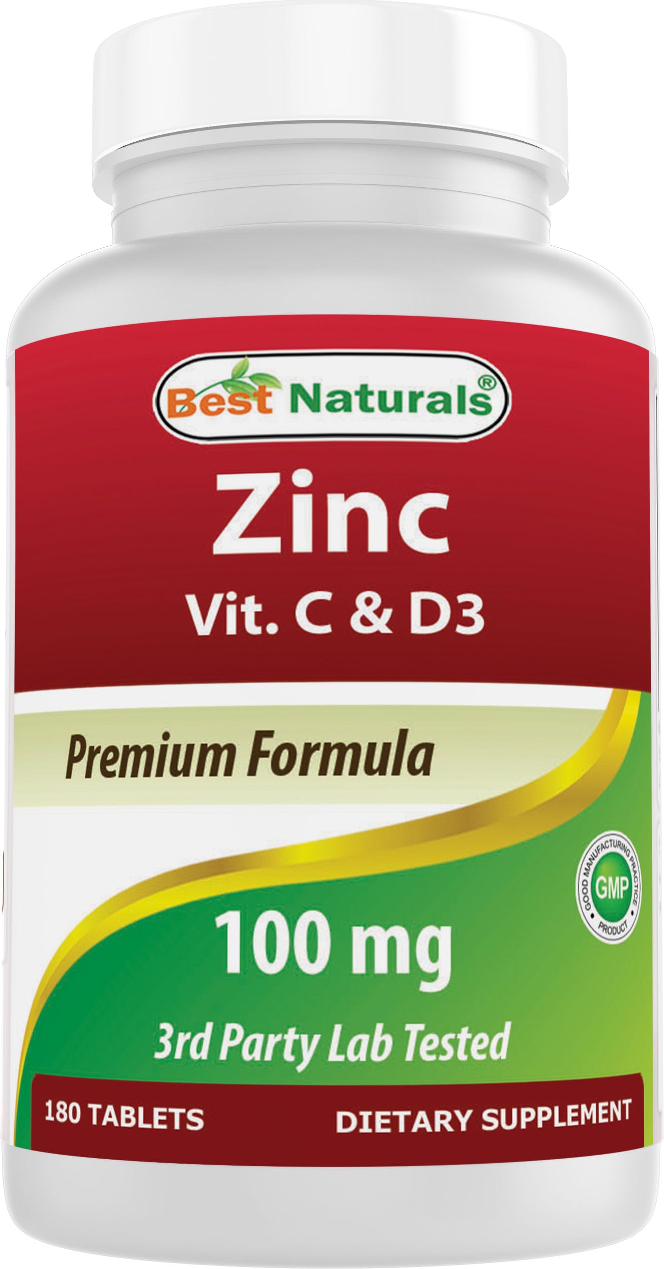 Best Naturals Zinc 100 mg with Vitamin C & D3, 180 Tablets